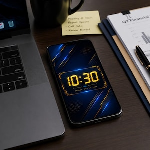 Może przedstawiać: Smartfon wyświetla cyfrowy zegar pokazujący godzinę 10:30 AM, otoczony niebiesko-złotym geometrycznym wzorem. Telefon leży na drewnianym biurku obok laptopa, kubka i raportów finansowych.