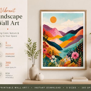 Può includere: Una stampa artistica da parete incorniciata raffigurante un paesaggio colorato con colline ondulate nelle tonalità del viola, arancione e verde acqua, un sole giallo brillante e un primo piano pieno di fiori selvatici, inclusi margherite rosa e bianche.