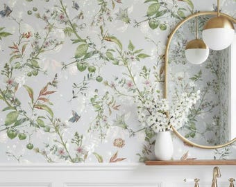 Peel and Stick Botanical Wallpaper | Removable Floral Wallpaper | Watercolor Wildflower Butterfly Decor