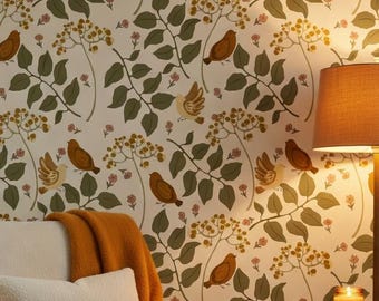 Sage green peel and stick wallpaper, bird wallpaper, botanical wallpaper, cottagecore wallpaper, removable wallpaper