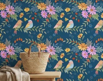 Teal Bird Floral Peel and Stick Wallpaper, Folk Botanical Removable Wallpaper, Cottagecore Wall Decor | Scandi Bedroom