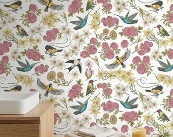 Hummingbird Rose Peel and Stick Wallpaper, Floral Bird Wallpaper, Cottagecore Style, Light Floral Wallpaper, Removable Wallpaper