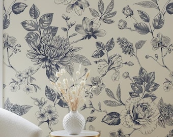 Cream indigo botanical peel and stick wallpaper, ivory floral engraving removable wallpaper  dark grey blue botanical wall decor