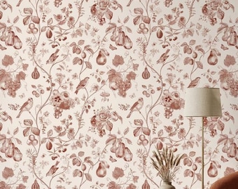 Toile Peel and Stick Wallpaper, Cream Bird Fruit Botanical Removable Wallpaper, Cottagecore Wall Decor | French Country Bedroom