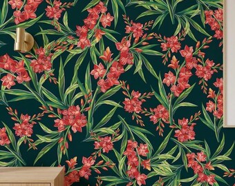Dark Botanical Peel and Stick Wallpaper Green Coral Floral Removable Wallpaper Modern Organic Luxury Wall Decor