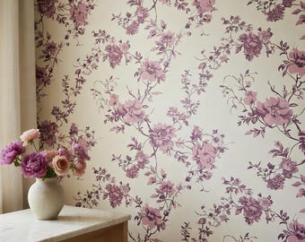 Mauve Peony Peel and Stick Wallpaper, Blush Floral Climbing Removable Wallpaper, Romantic Vintage Wall Decor