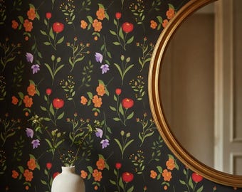 Dark Wildflower Peel and Stick Wallpaper, Charcoal Floral Botanical Removable Wallpaper, Moody Wall Decor | Dark Bedroom