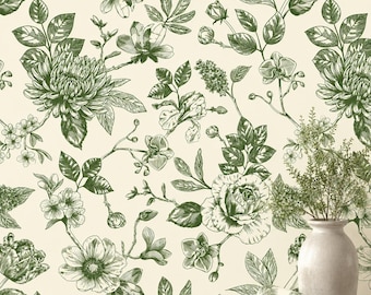 Olive Green Botanical Wallpaper Peel and Stick, Ivory Floral Wallpaper | Cottagecore Wall Decor