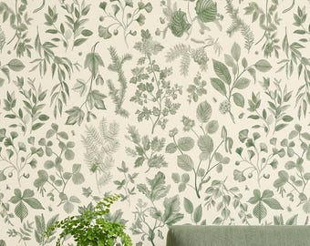 Green Botanical Peel and Stick Wallpaper, Forest Green Engraved Removable Wallpaper, Cottagecore Nature Wall Decor, Bedroom Accent Wall