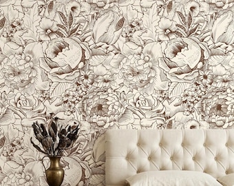 Dense Floral Peel and Stick Wallpaper, Brown Cream Botanical Engraving Removable Wallpaper, Maximalist Wall Decor | Dark Academia