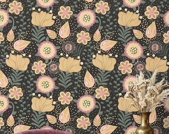 Dark Floral Peel and Stick Wallpaper, Moody Botanical Wallpaper, Charcoal Removable Wallpaper, Folk Art Wall Decor