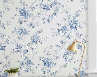 Blue Floral Peel and Stick Wallpaper, Delicate Botanical Wall Decor, Navy Flower Removable Wallpaper | Cottagecore Home Decor