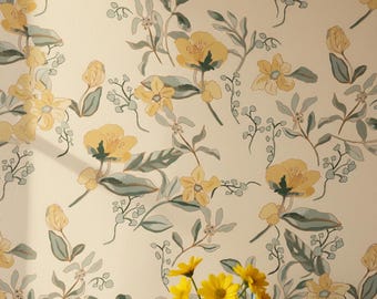 Yellow Poppy Wallpaper Peel and Stick, Watercolor Botanical Floral Wallpaper, Cottagecore Wall Decor | Bedroom Wallpaper | Gift