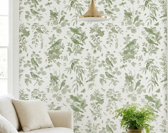 Green Bird Toile Peel and Stick Wallpaper | White Botanical Engraved Removable Wallpaper | Cottagecore English Garden Decor