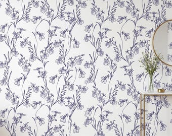 Navy Blue Floral Peel and Stick Wallpaper | Botanical Line Art Removable Wallpaper | Minimalist Modern Wall Decor