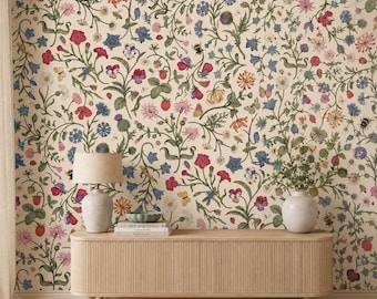 Botanical Garden Wallpaper, Wildflower Butterfly Cottagecore Wall Decor (Peel and Stick)