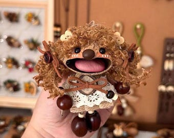 Handmade Nut Shell Laughing Doll - Brown Curly Fur Art Toy, Happy Forest Sprite