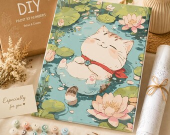 Zestaw do malowania po numerach, staw z lotosem i kotem Zen, dekoracja ścienna z motywem kwiatów anime, płótno akrylowe