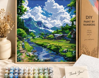 Zestaw do malowania po numerach „Krajobraz” DIY, wiejski obraz górski, sztuka ścienna w stylu anime