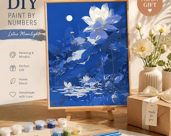Malowanie po numerach dla dorosłych, zestaw Midnight Blue Lotus Moonlight, kwiatowa dekoracja ścienna (farba akrylowa)
