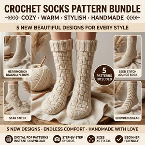 May include: A crochet socks pattern bundle featuring five designs including herringbone, seed stitch, star stitch, and chevron zigzag. The image displays cream-coloured socks with various textures, a ball of yarn, and text detailing digital PDF patterns.
