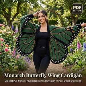 May include: An oversized crochet cardigan featuring a green and black butterfly wing pattern with white spots along the edges, long sleeves, and a black ribbed trim. The image includes text that reads PDF PATTERN and Monarch Butterfly Wing Cardigan.