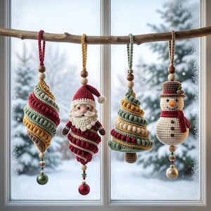 May include: Four hanging crochet ornaments suspended from a wooden branch. The set includes a spiral-patterned bauble, a Santa Claus figure, a textured Christmas tree, and a snowman wearing a hat and scarf, all featuring wooden beads and small spheres.
