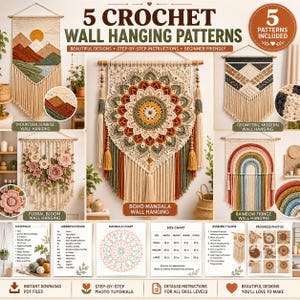 Paquete de patrones de ganchillo para colgar en la pared / 5 diseños Boho Mandala Arcoíris Floral Geométrico / Descarga instantánea