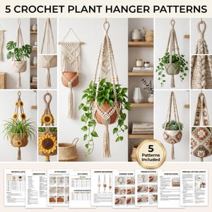 Può includere: Una collezione di 5 schemi all'uncinetto per portapiante sospesi con vari design in corda color crema, inclusi stili intrecciati, annodati e decorati con girasoli. L'immagine mostra i supporti finiti con piante e documenti di istruzioni.