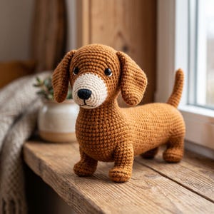 May include: A crocheted dachshund toy made of brown yarn with a cream-coloured muzzle, a small black nose, and dark plastic eyes. The stuffed animal features long floppy ears, a short tail, and a textured surface created by the crochet stitches.