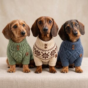 Può includere: Tre bassotti indossano maglioni in maglia. Il cane a sinistra indossa un maglione verde a trecce, quello centrale un maglione color crema con motivi a fiocchi di neve marroni e quello a destra un maglione blu a trecce. Due bottoni.