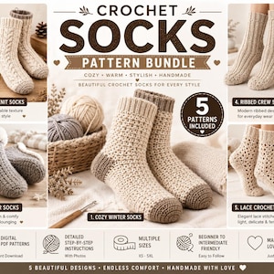 May include: A digital pattern bundle for crochet socks featuring five distinct designs: cable knit, cosy winter, slipper, ribbed crew, and lace crochet socks. The image displays text including CROCHET SOCKS PATTERN BUNDLE and 5 PATTERNS INCLUDED.