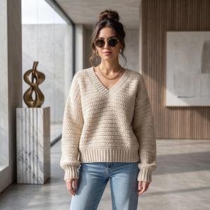 V Neck Crochet Sweater Pattern PDF, Oversized Cozy Pullover for Women, Chunky Beginner Design XS-5XL