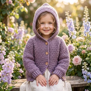 May include: A lavender hooded cardigan featuring a textured crochet stitch pattern, long sleeves, and a front button closure with three visible light brown wooden buttons. The garment includes a ribbed hem and cuffs, providing a structured fit.