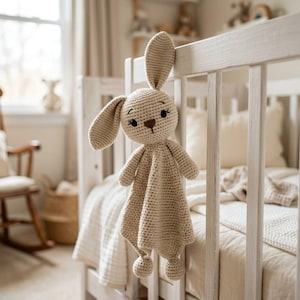 May include: A beige crochet security blanket featuring a stuffed rabbit head with long ears, embroidered eyes, and a small brown nose. The body of the toy consists of a soft, textured fabric square with small rounded corners at the bottom edges.