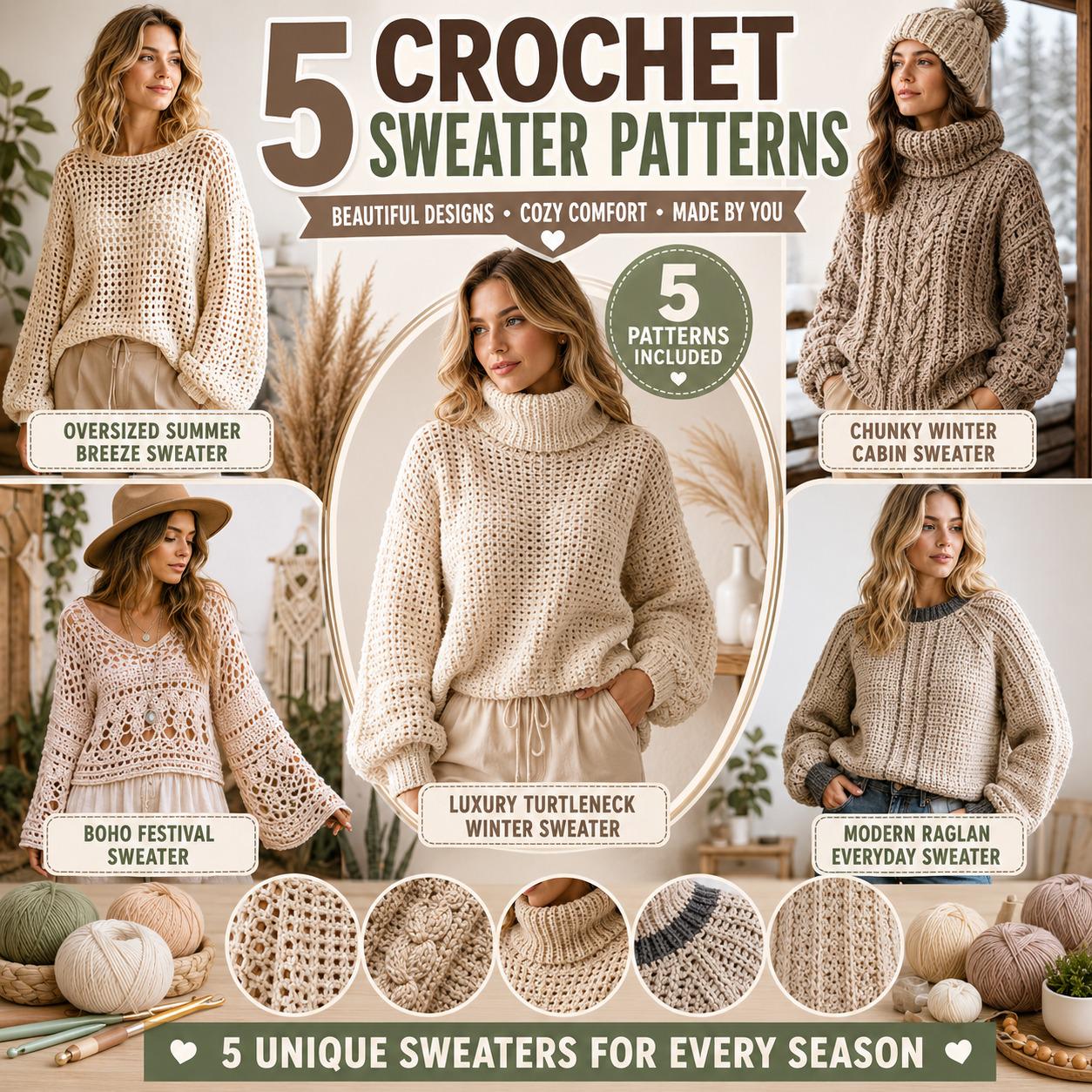 5-Design Turtleneck Sweater Crochet Pattern Bundle