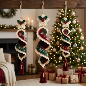 May include: Three hanging spiral ornaments featuring a crochet design in deep red and forest green with white snowflake embroidery. Each ornament is topped with a cream-colored crochet star accented by holly leaves and red berries, ending in a tassel.