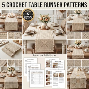 Crochet Table Runner Pattern Bundle, 5 Digital PDF Patterns, Vintage Lace Sunflower Boho Farmhouse Geometric, Instant Download