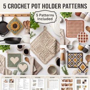 Könnte beinhalten: Ein digitales Dokument mit dem Titel 5 CROCHET POT HOLDER PATTERNS, das fünf verschiedene quadratische Häkeldesigns zeigt: Sonnenblume, Gittermuster, Herz, beigefarbene Textur und Rautenmuster, inklusive Anleitungen.