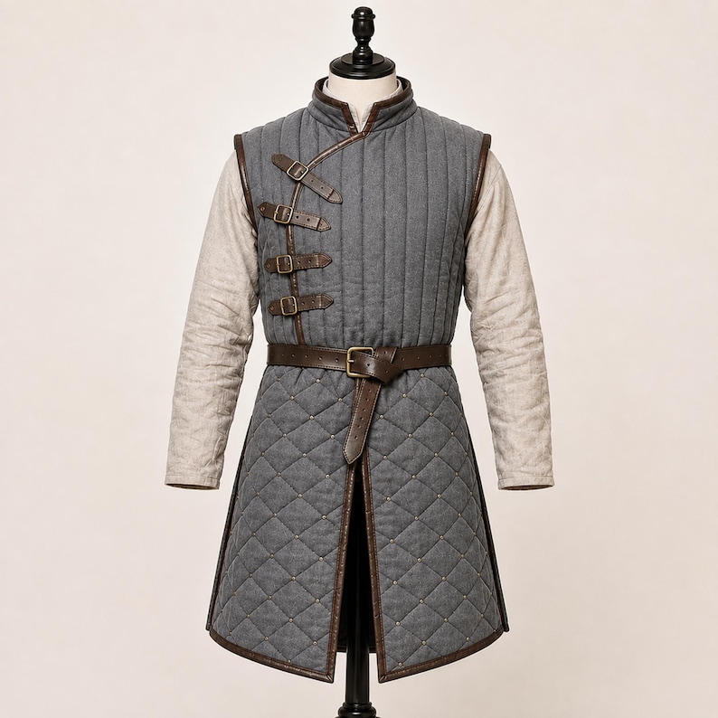 May include: A grey sleeveless tunic featuring vertical quilting on the chest and diamond-patterned quilting on the lower section. It includes four brown leather straps with brass buckles on the right side and a matching brown leather waist belt.