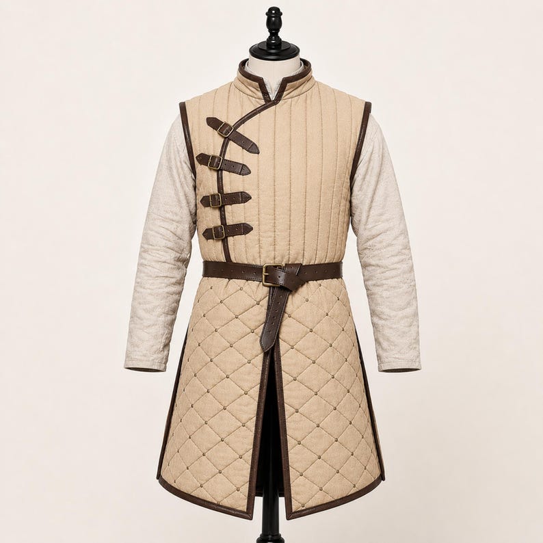 May include: A beige quilted sleeveless tunic featuring a high collar, vertical stitching on the upper chest, and a diamond-patterned lower section. It includes four dark brown buckled straps on the right side and a matching brown waist belt.