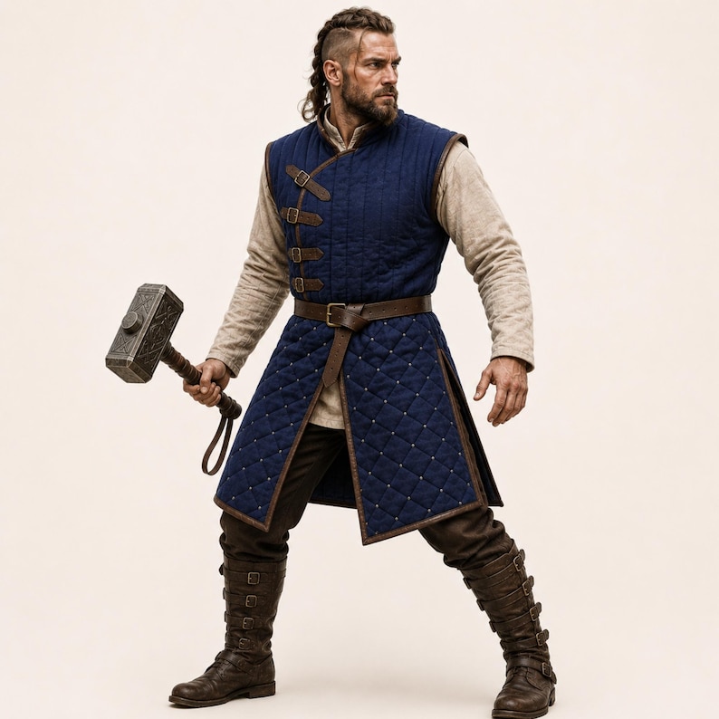 May include: A dark blue quilted sleeveless tunic with brown leather straps and buckles, worn over a beige long-sleeved shirt and dark brown trousers. The outfit includes tall brown leather boots with multiple buckles and a large metal hammer.