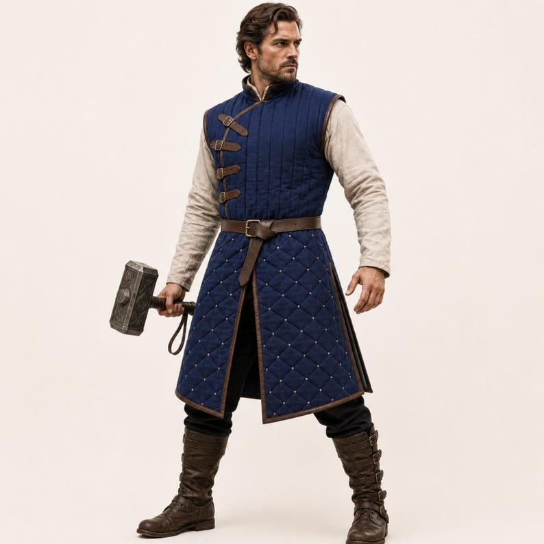 May include: A dark blue quilted sleeveless tunic featuring a high collar, brown leather straps with buckles, and a diamond-stitched pattern. The garment is worn over a light-coloured long-sleeved shirt and black trousers, paired with brown leather boots.