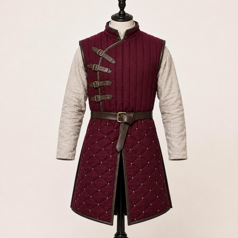 May include: A sleeveless, deep burgundy quilted vest featuring a high collar and a side-fastening design with four brown leather straps and brass buckles. The lower section has a diamond-stitched pattern with small studs and a brown leather belt.