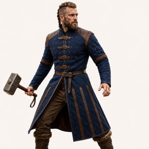 May include: A long, quilted blue coat featuring brown leather shoulder panels, brown leather straps with metal buckles down the front, and vertical brown leather accents. The coat is paired with brown trousers and fur-lined boots, and a large metal hammer.
