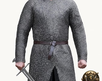 May include: A long-sleeved chainmail hauberk constructed from interlocking metal rings, featuring a high black collar and a brown leather belt with a silver-toned buckle. A steel sword is held in the right hand, and a logo is in the bottom right.