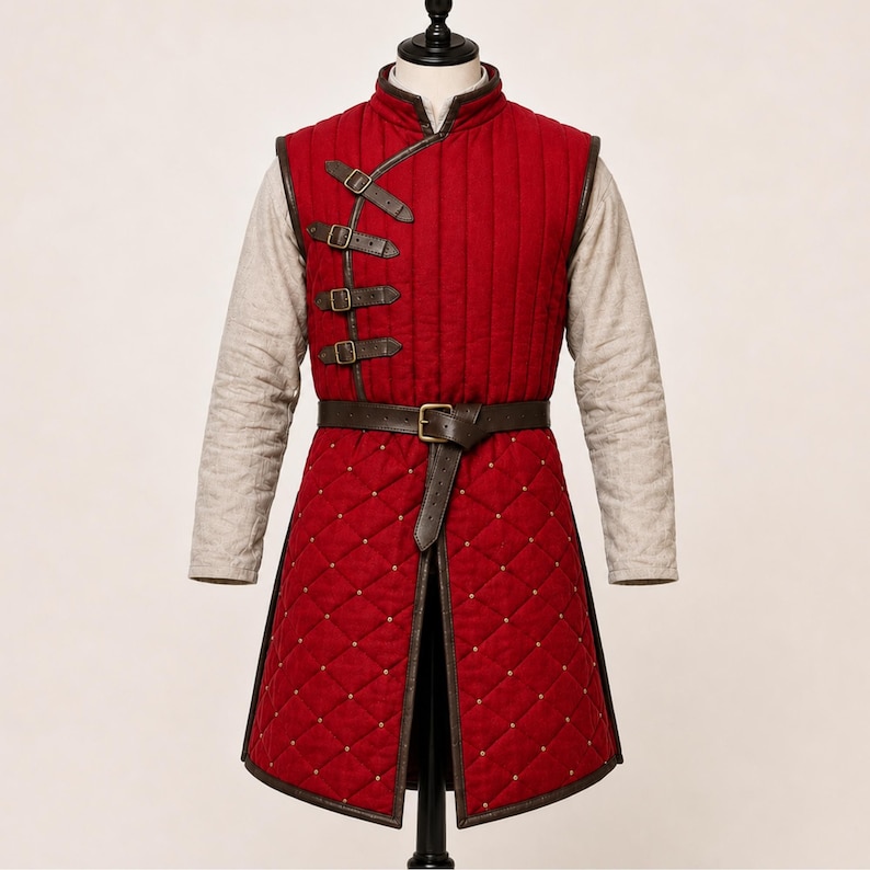 May include: A sleeveless red quilted vest featuring a high collar, vertical stitching on the chest, and a diamond-patterned skirt. The garment includes four dark brown leather straps with metal buckles on the side and a matching waist belt.