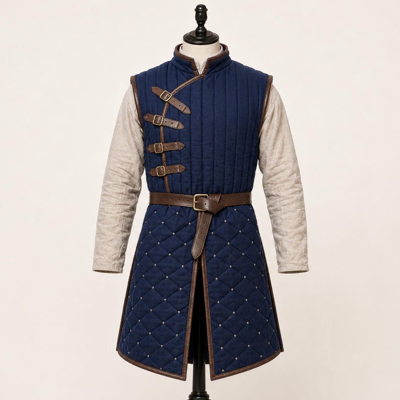 May include: A navy blue quilted vest featuring a high collar, brown leather trim, and four side-fastening buckles. The lower section displays a diamond-stitched pattern with small silver studs, secured at the waist by a brown leather belt.