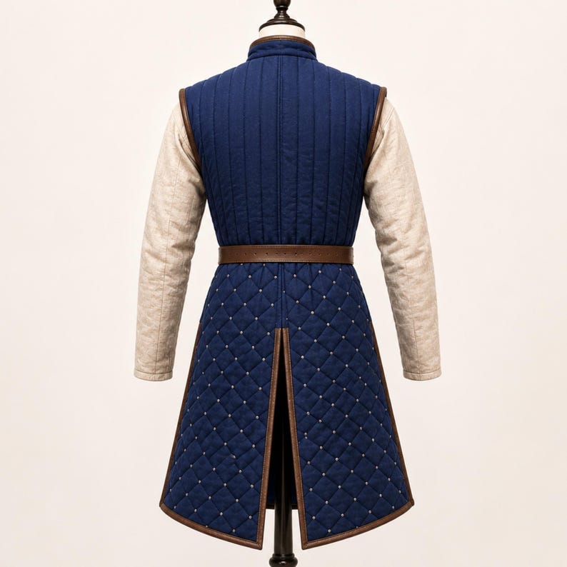 May include: A long-sleeved blue quilted tunic featuring a vertical-stitched bodice and a diamond-patterned skirt section with small silver studs. The garment includes a brown leather belt at the waist and beige sleeves with a textured fabric finish.