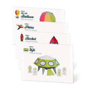 4 cartes postales artisanales en papier TRANSPORTS - Montgolfière - Avion - Fusée - OVNI — À ASSEMBLER
